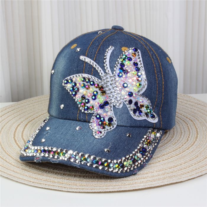 Women’s Crystal Embellished Denim Cap | Sparkly Rhinestone Baseball Hat | Adjustable Casual Fashion Cap