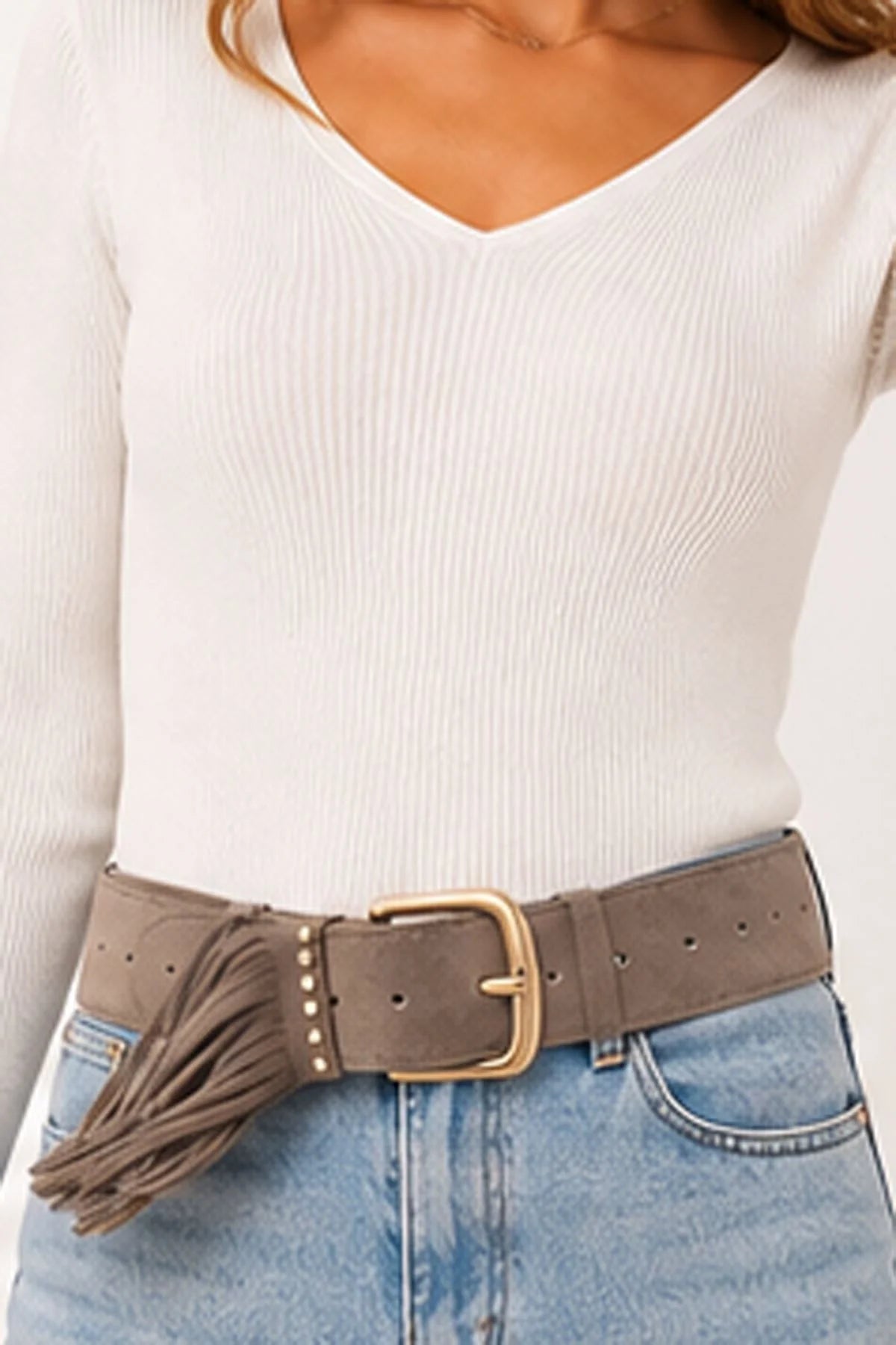 Suede Gold Buckle Fringe Waist Belt – Women’s Western Boho Fashion Belt