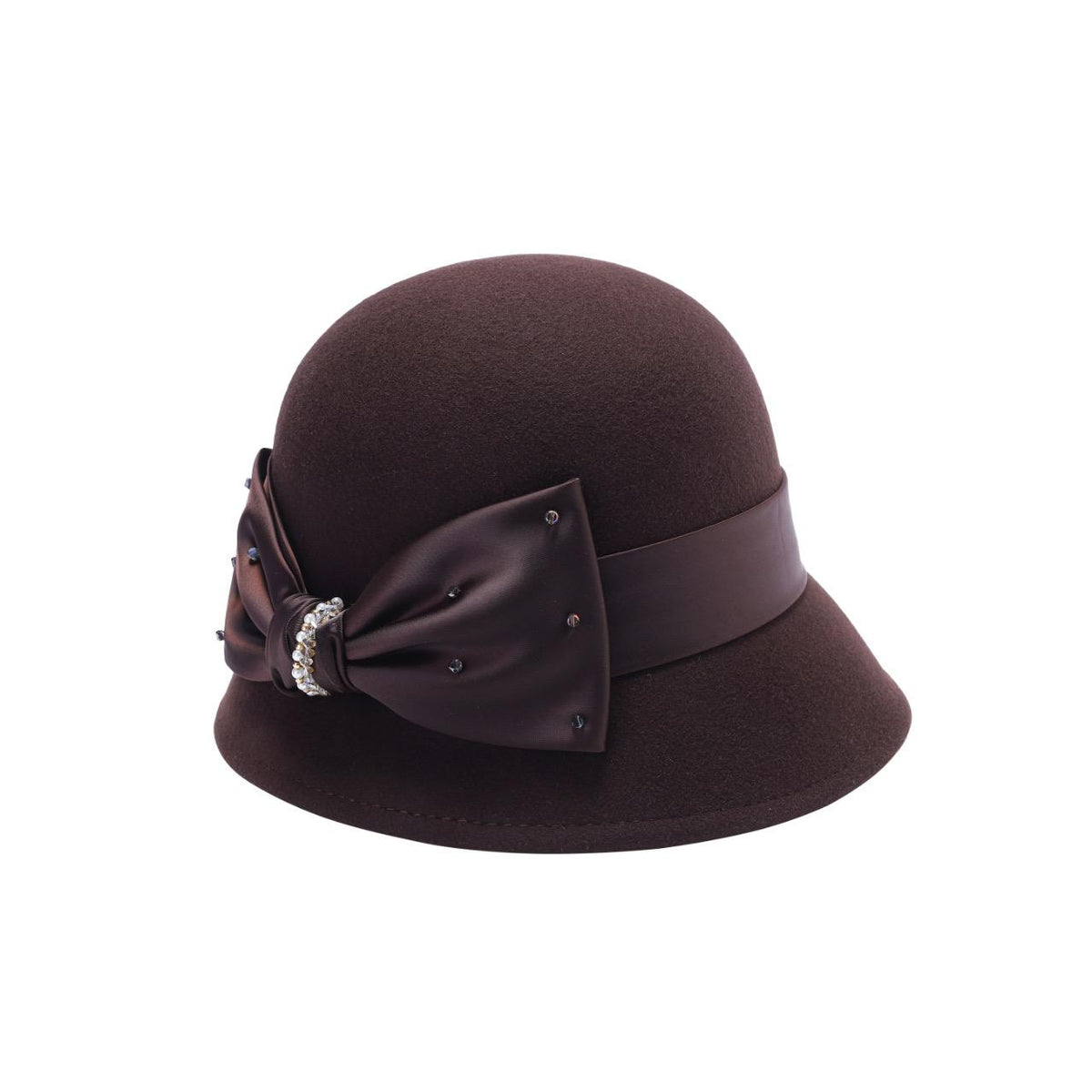 Ladies Wool Cloche Hat with Satin Bow & Rhinestone Accent