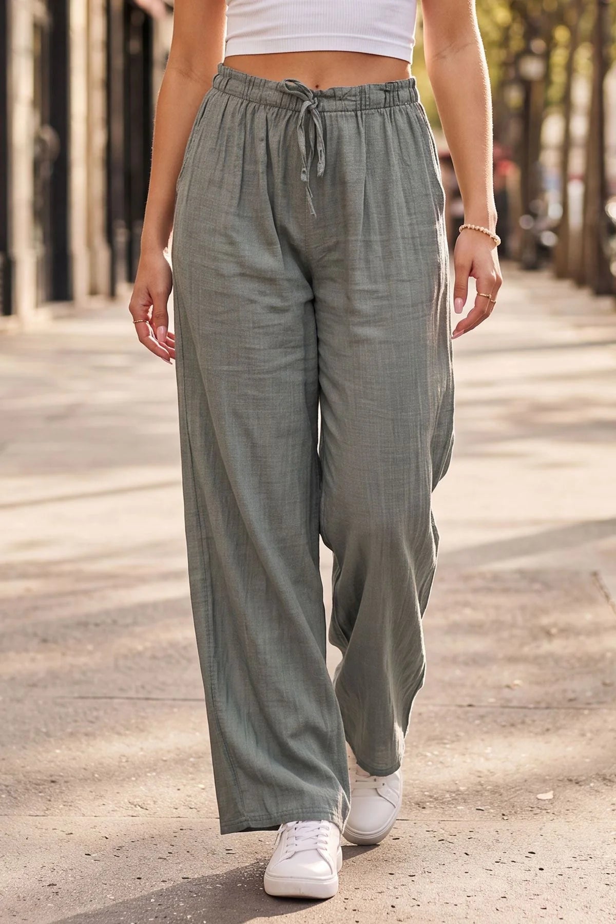 Plain Drawstring Cotton Trousers