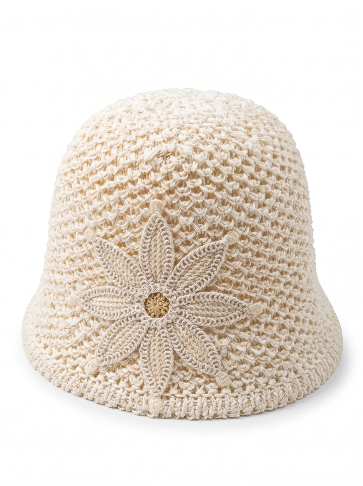 Hand-Crocheted Cotton Bucket Hat with Floral Appliqué