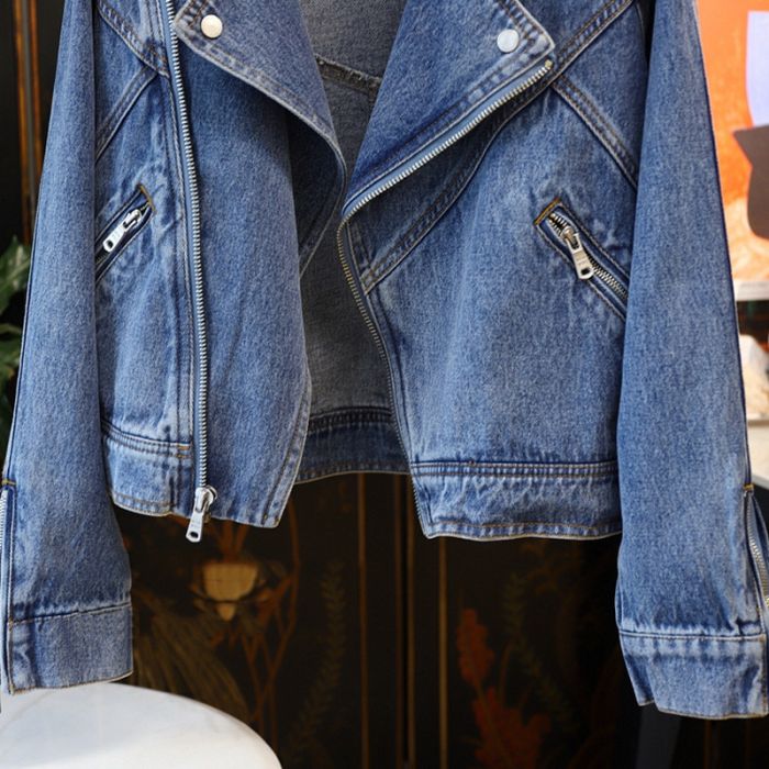Asymmetric Blue Denim Jacket with Zip Details