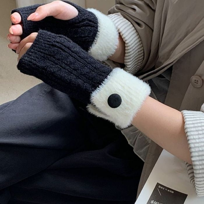 Cable Knit Fingerless Gloves with Faux Fur Trim and Button