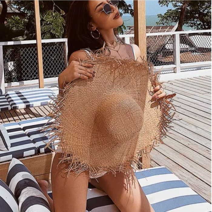 Women’s Fringed Raffia Straw Sun Hat with Black Ribbon Bow | Wide Brim Natural Woven Beach Hat | Summer UV Protection