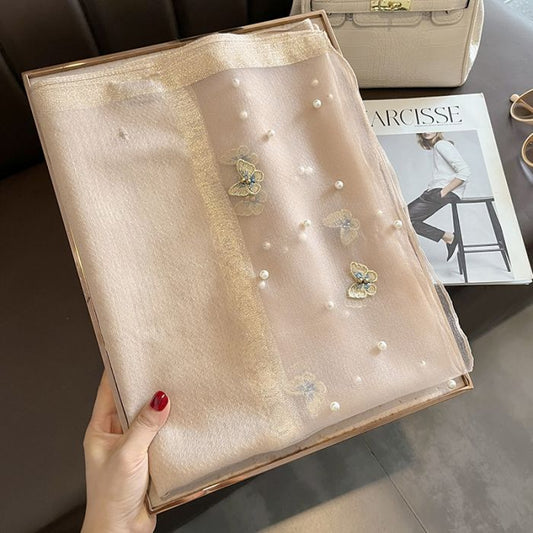 Elegant Silk Scarf with Butterfly Print & Pearl Detail – Soft Lightweight Fashion Wrap 🦋