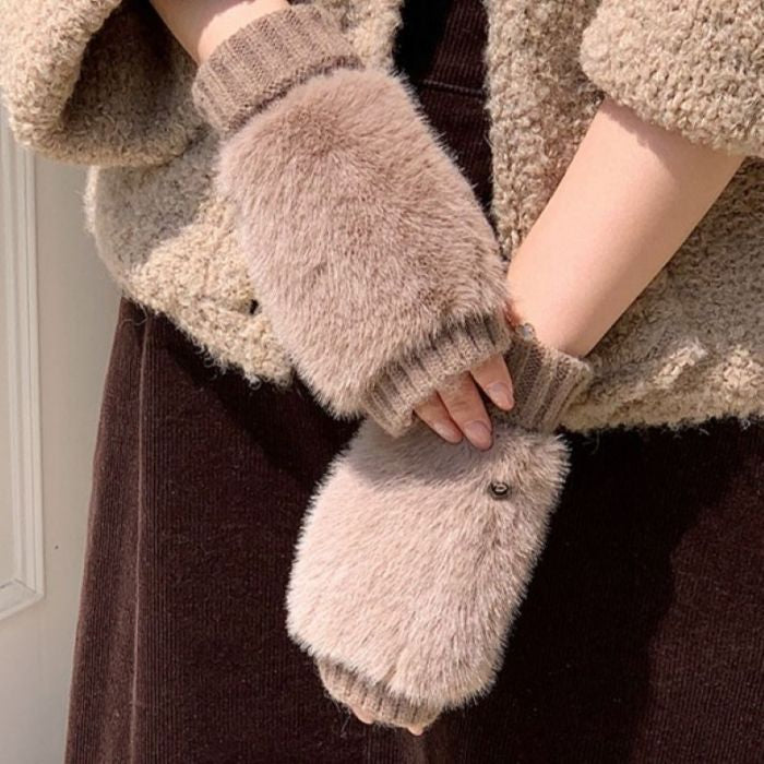 Soft Knit Fingerless Gloves with Faux Fur Mitten Cap