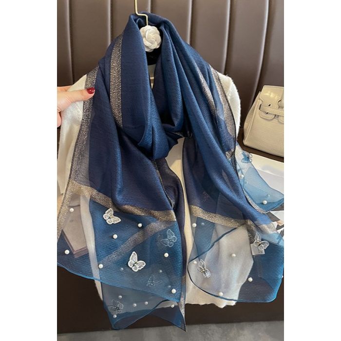 Elegant Silk Scarf with Butterfly Print & Pearl Detail – Soft Lightweight Fashion Wrap 🦋