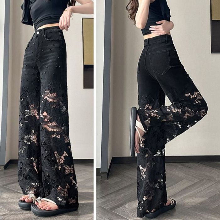 Black Wide Leg Jeans with Lace Patchwork & Pearl