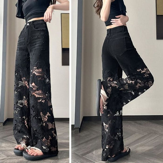 Black Wide Leg Jeans with Lace Patchwork & Pearl