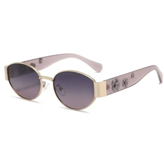 Retro Oval Sunglasses with 3 Flower Embellishments – Stylish UV Fashion Glasses