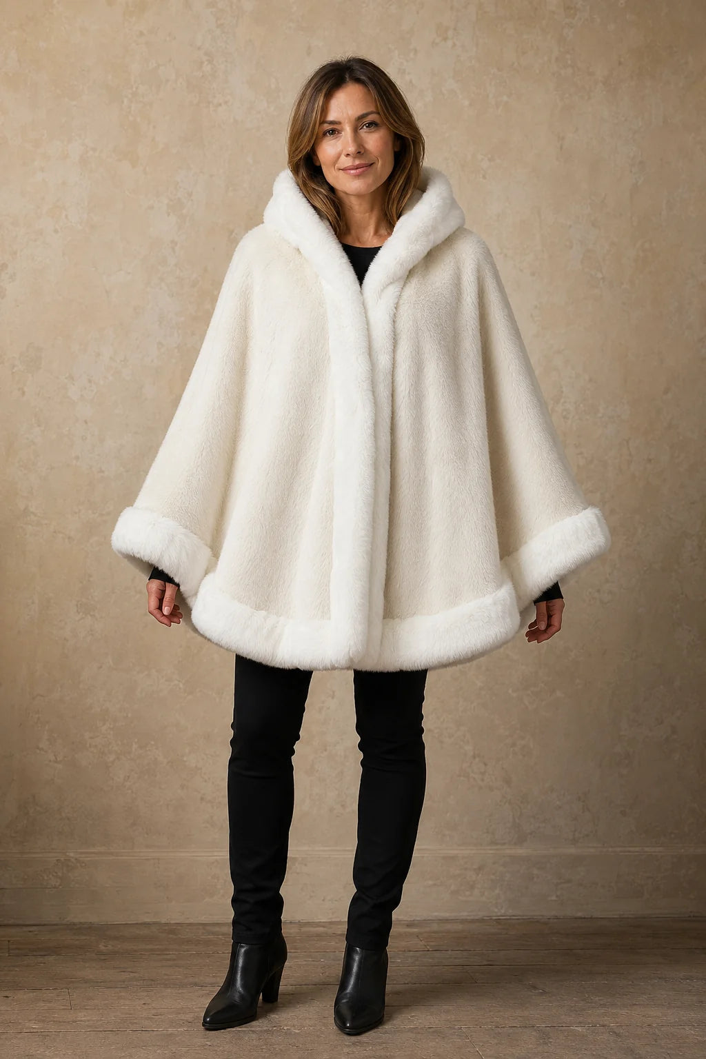 Elegant White Faux Fur Hooded Cape