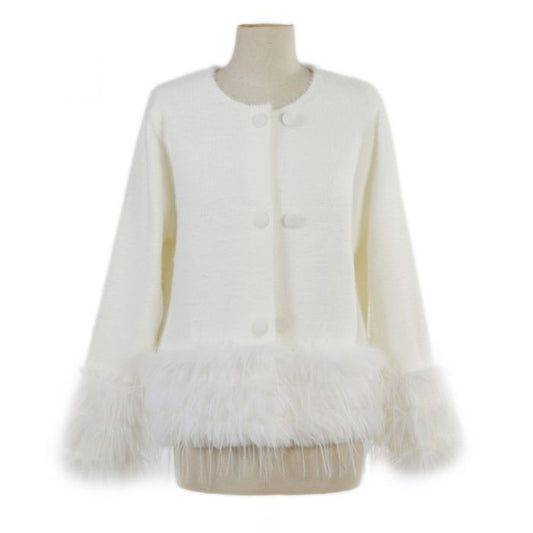 Feather-Trim Cropped Double Row Buttons Cardigan
