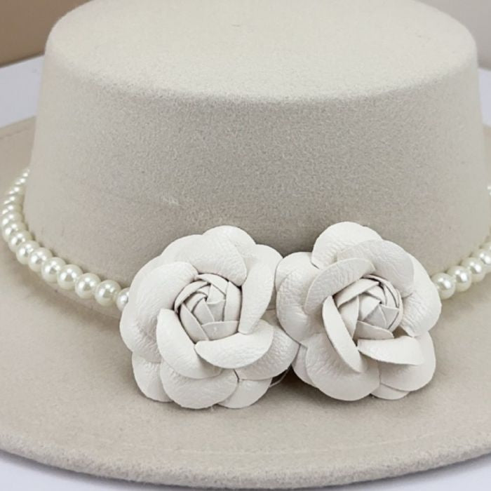 Fedora Hat with Camellia Flowers & Faux Pearl Band