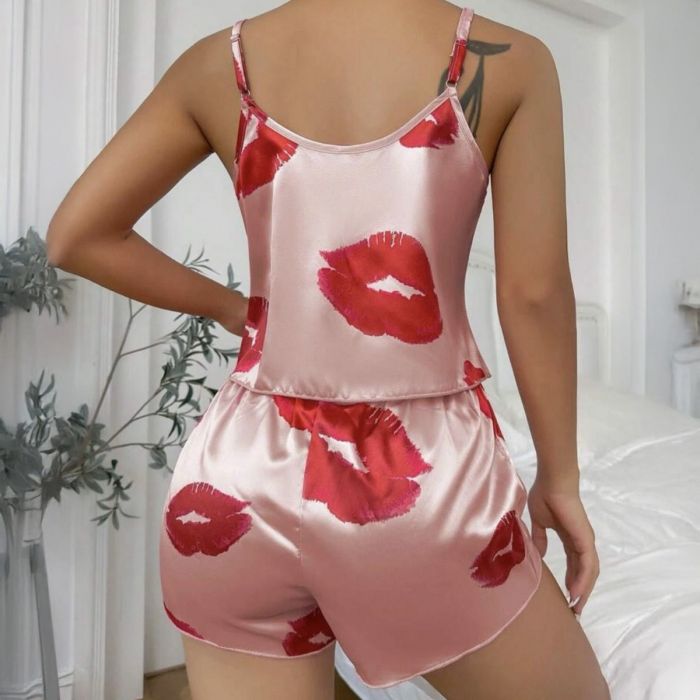 Satin Feel Lips Print Cami & Shorts Pyjama Set in Pink with Bold Red Lip Design for Comfortable Sleepwear