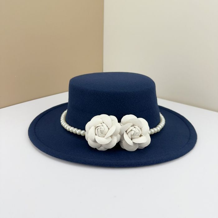 Fedora Hat with Camellia Flowers & Faux Pearl Band