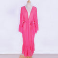 Sheer Maxi Beach Cover-Up with Ruffle Sleeves Kimono in Green & Pink Polka Dot Design for Summer Style