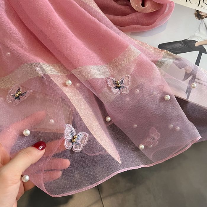 Elegant Silk Scarf with Butterfly Print & Pearl Detail – Soft Lightweight Fashion Wrap 🦋