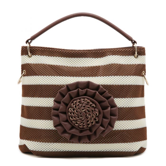 Large Striped Tote Bag with 3D Floral Detail | Women’s Shoulder Shopper Handbag | Casual Travel Beach Bag