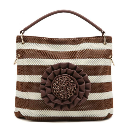 Large Striped Tote Bag with 3D Floral Detail | Women’s Shoulder Shopper Handbag | Casual Travel Beach Bag