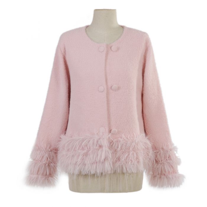 Feather-Trim Cropped Double Row Buttons Cardigan