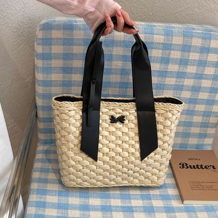 Summer Woven Straw Handbag & Metallic Accent
