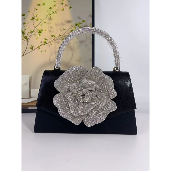 Rhinestone Rose Flower Evening Bag | Sparkly Crystal Clutch Purse for Party & Wedding