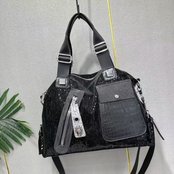 Women’s Black Croc Embossed Sparkle Shoulder Bag – Elegant Evening Purse