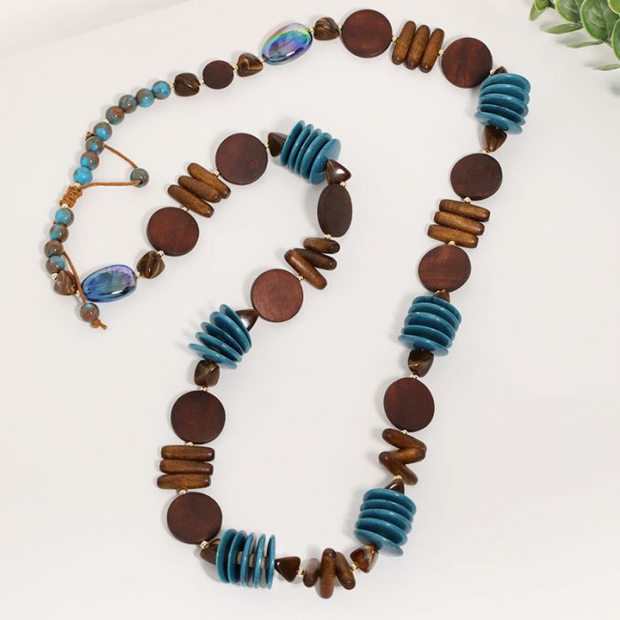 Chunky Turquoise & Wood Beaded Necklace