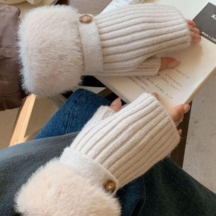 Faux Fur Knit Fingerless Button Gloves