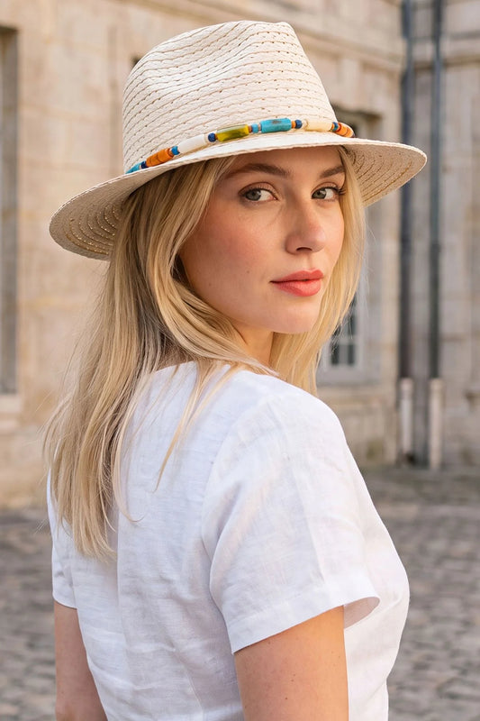 Women’s Straw Sun Hat with Beaded Trim – Wide Brim Summer Beach Hat