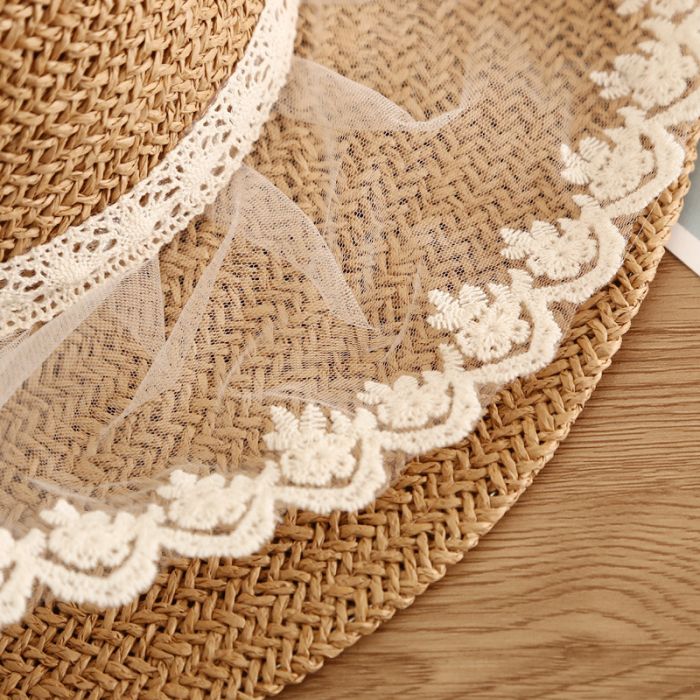 Women’s Wide Brim Straw Sun Hat with Delicate Lace Trim | Elegant Summer Beach Hat | UV Protection Holiday Hat