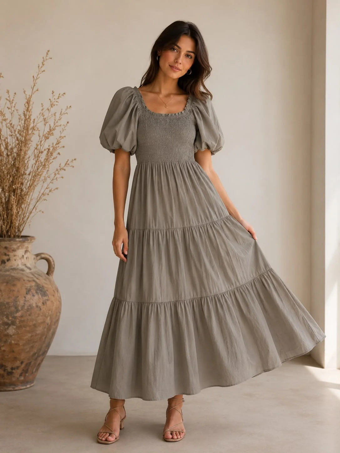 Cotton Shirred Elasticated Puffball Sleeve Bardot Dress