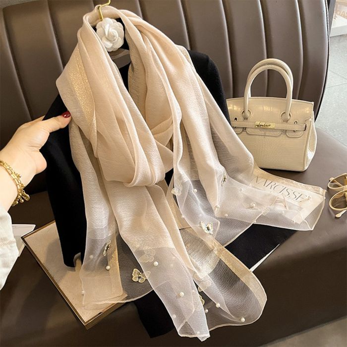 Elegant Silk Scarf with Butterfly Print & Pearl Detail – Soft Lightweight Fashion Wrap 🦋