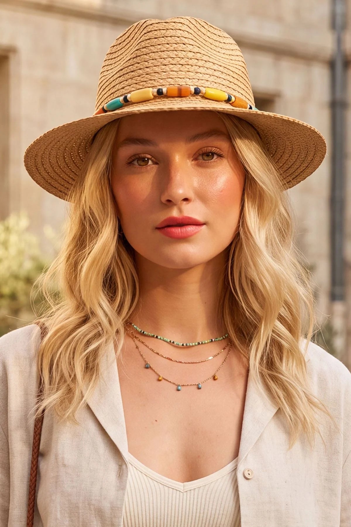 Women’s Straw Sun Hat with Beaded Trim – Wide Brim Summer Beach Hat
