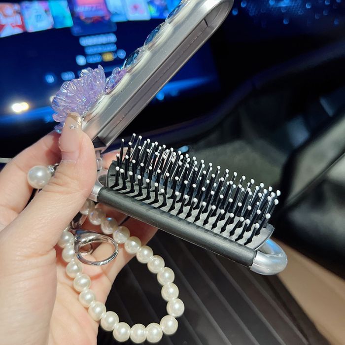 Key Charm Folding Mirror & Hair Comb with Pearls