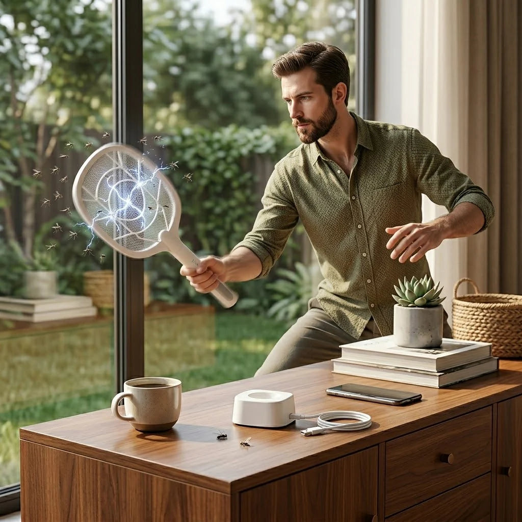 Dual-Use Electric Mosquito Swatter – Rechargeable 1200mAh Bug Zapper Racket with UV Mosquito Trap | Indoor & Outdoor Insect Killer