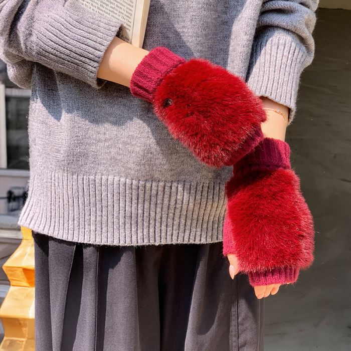 Soft Knit Fingerless Gloves with Faux Fur Mitten Cap