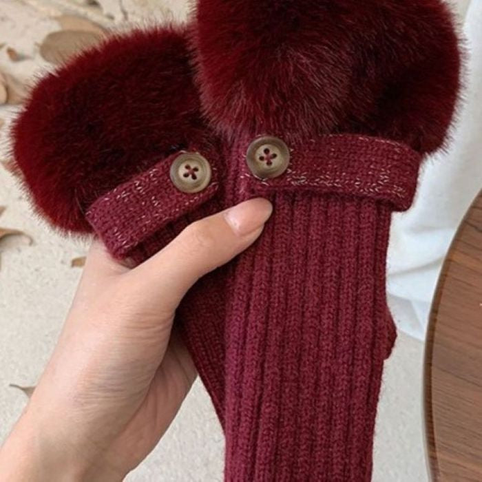 Faux Fur Knit Fingerless Button Gloves