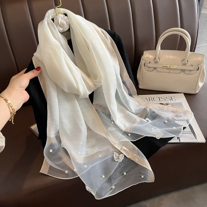Elegant Silk Scarf with Butterfly Print & Pearl Detail – Soft Lightweight Fashion Wrap 🦋