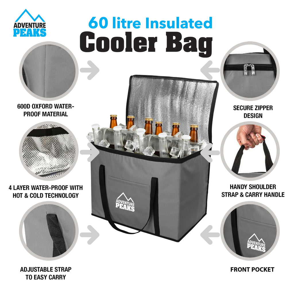 Insulated Camping Cooler Bag – 60L | 52 × 33 × 40 cm | Red & Grey