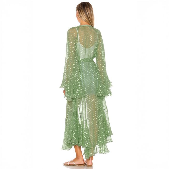 Sheer Maxi Beach Cover-Up with Ruffle Sleeves Kimono in Green & Pink Polka Dot Design for Summer Style