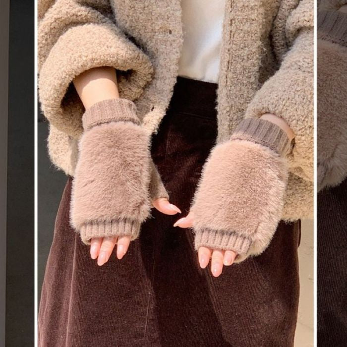 Soft Knit Fingerless Gloves with Faux Fur Mitten Cap