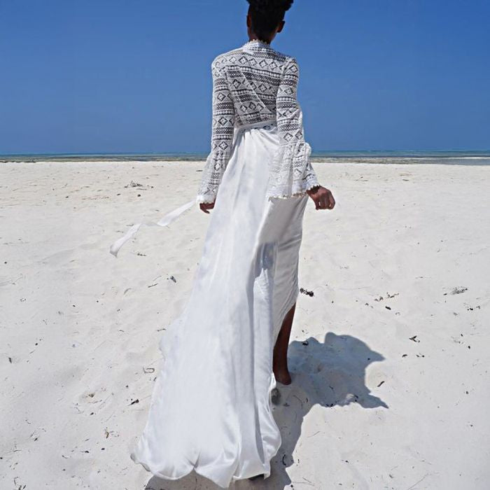 White Long Sleeve Crochet Beach Cover-Up Dress | Boho Swimwear Cover-Up