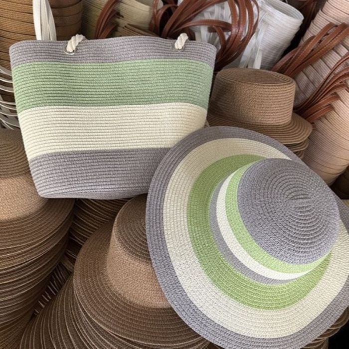 Pastel Striped Sun Hat & Large Tote Bag Beach Set