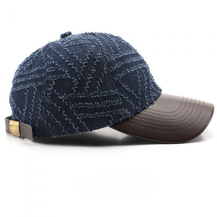 Textured Denim Cap Black & Navy with Brown PU Leather Visor | Adjustable Vintage Streetwear Baseball Hat