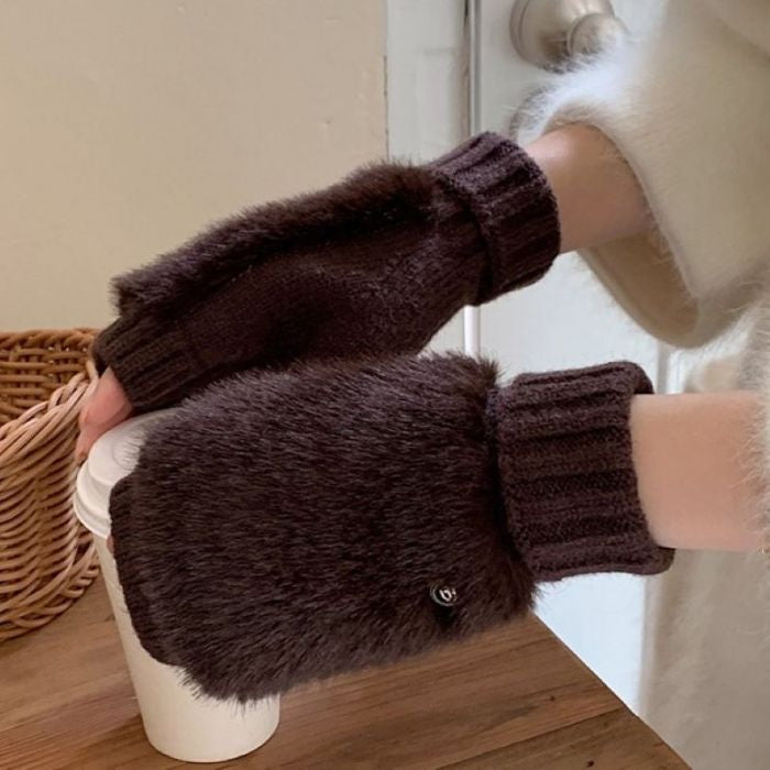 Soft Knit Fingerless Gloves with Faux Fur Mitten Cap