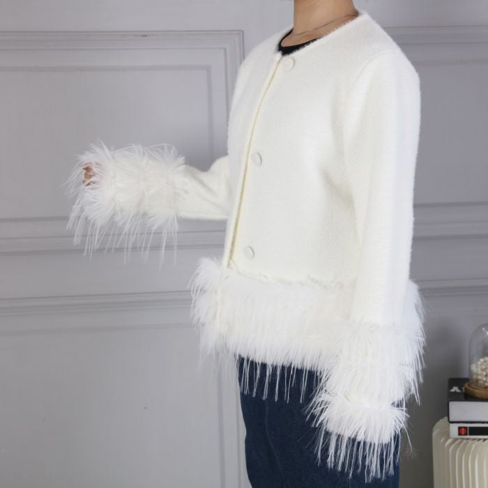 Feather-Trim Cropped Double Row Buttons Cardigan