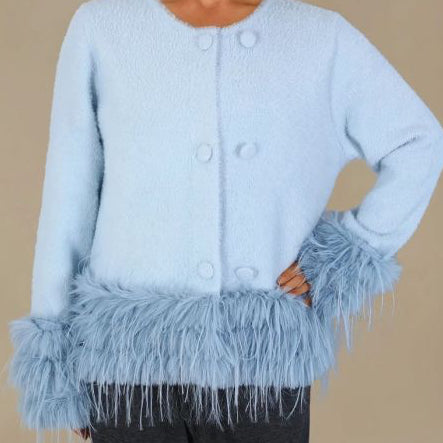 Feather-Trim Cropped Double Row Buttons Cardigan