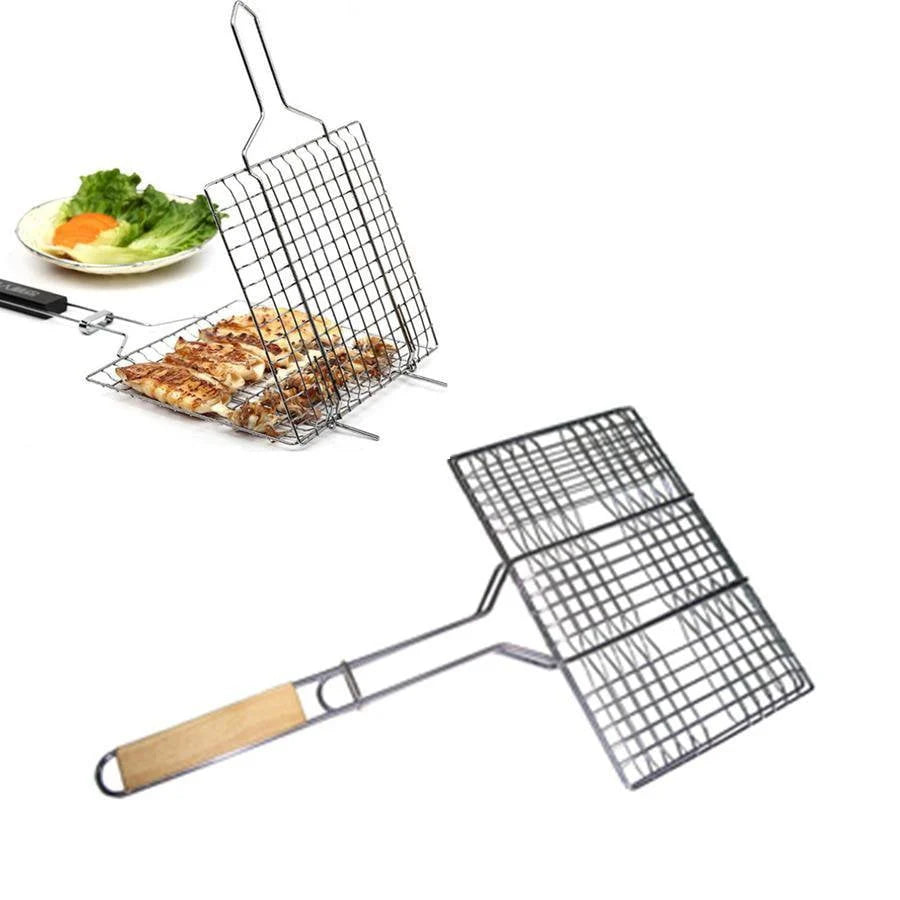 Metal Meat Fish Roasting BBQ Basket Grill with Wooden Handle 30 x 40 cm