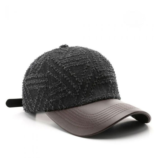 Textured Denim Cap Black & Navy with Brown PU Leather Visor | Adjustable Vintage Streetwear Baseball Hat